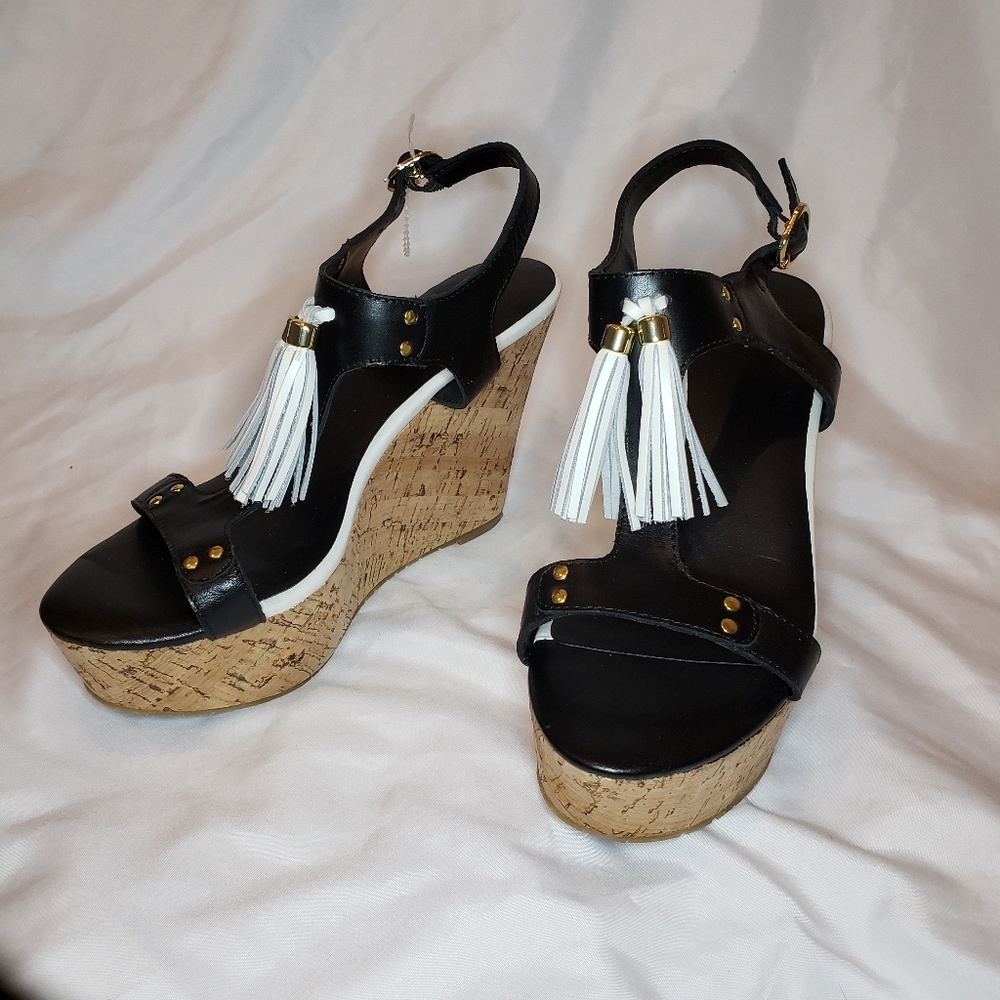 G.I.L.I. Kate Tassle Fringe Cork Wedge Heels NWOT